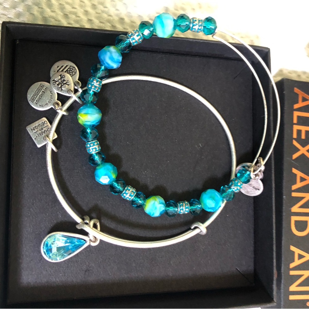 Alex and Ani Silver and Blue Expandable Bracelet Set
